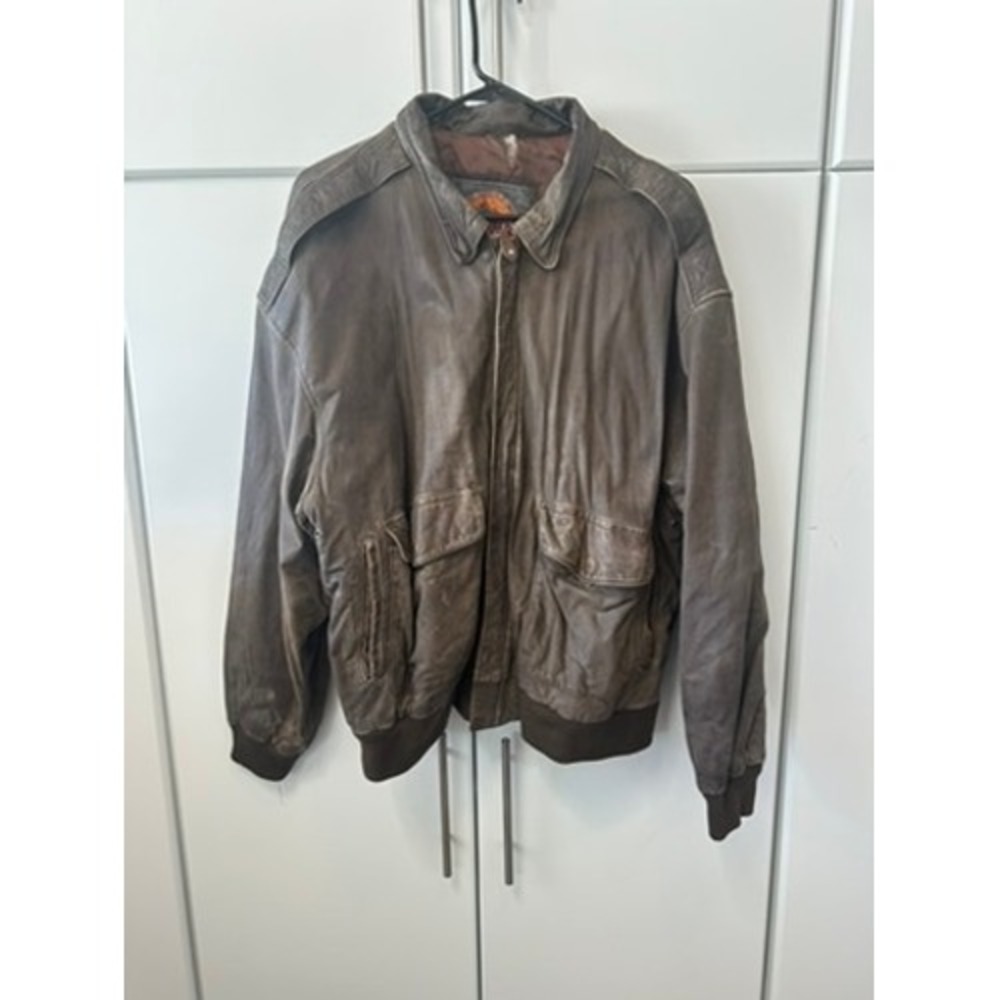 Vintage Midway Invasion Force Distressed Leather‎ Bomber Jacket Brown Mens